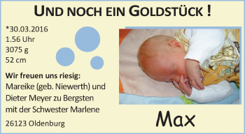 Babyanzeige von Max Meyer zu Bergsten von Nordwest-Zeitung