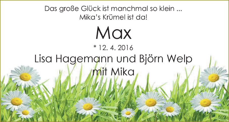 Anzeige für Max Welp vom 30.04.2016 aus Nordwest-Zeitung