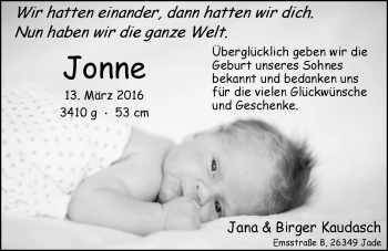 Babyanzeige von Jonne Kaudasch von Nordwest-Zeitung