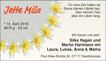 Babyanzeige von Jette Mila  von Nordwest-Zeitung