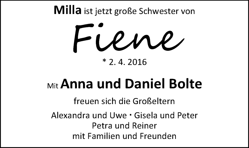 Anzeige für Fiene Bolte vom 09.04.2016 aus Nordwest-Zeitung