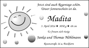 Babyanzeige von Madita Möhlmann von Nordwest-Zeitung