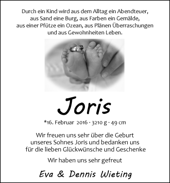 Babyanzeige von Joris Wieting von Nordwest-Zeitung