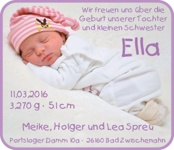 Babyanzeige von Ella Spreu von Nordwest-Zeitung