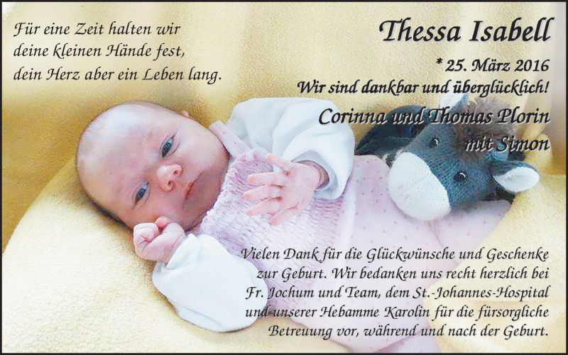Anzeige für Thessa Isabell Plorin vom 30.04.2016 aus Nordwest-Zeitung