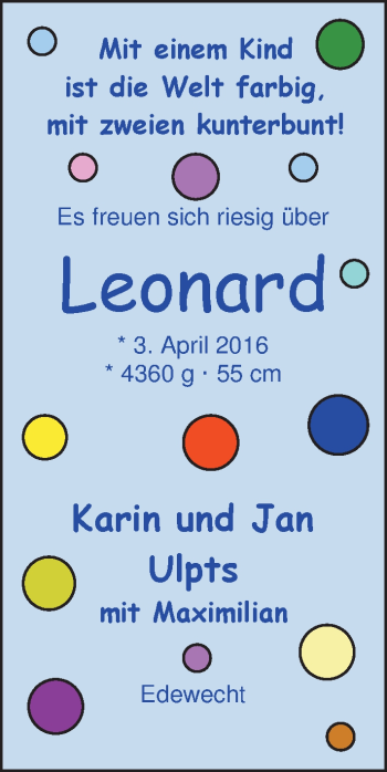 Babyanzeige von Leonard Ulpts von Nordwest-Zeitung