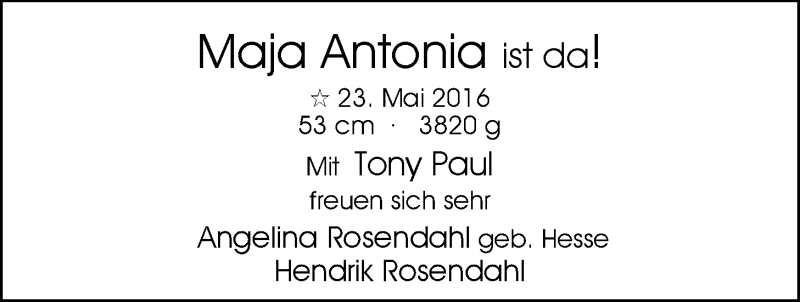 Anzeige für Maja Antonia  vom 28.05.2016 aus Nordwest-Zeitung