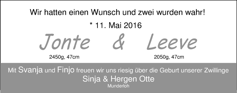 Anzeige für Jonte und Leeve Otte vom 28.05.2016 aus Nordwest-Zeitung