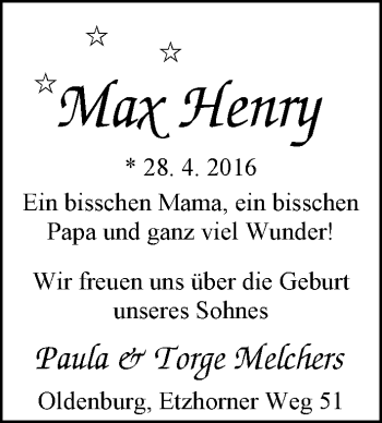 Babyanzeige von Max Henry Melchers von Nordwest-Zeitung