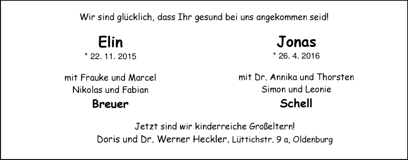 Anzeige für Elin Breuer Jonas Schell vom 07.05.2016 aus Nordwest-Zeitung