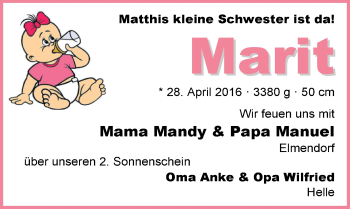 Babyanzeige von Marit Elmendorf von Nordwest-Zeitung