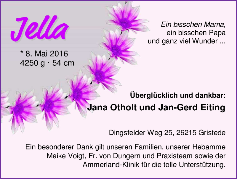 Anzeige für Jella  vom 28.05.2016 aus Nordwest-Zeitung