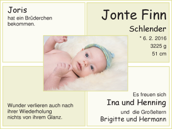 Babyanzeige von Jonte Finn Schlender von Nordwest-Zeitung