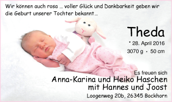 Babyanzeige von Theda Haschen von Nordwest-Zeitung