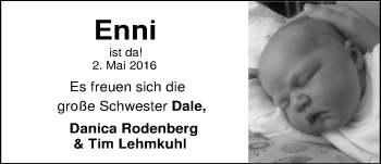 Babyanzeige von Enni Lehmkuhl von Nordwest-Zeitung
