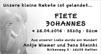 Babyanzeige von Fiete Johannes  von Nordwest-Zeitung