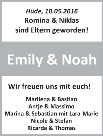 Babyanzeige von Emily und Noah  von Nordwest-Zeitung
