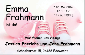 Babyanzeige von Emma Frahmann von Nordwest-Zeitung