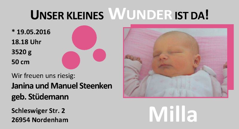 Anzeige für Milla Steenken vom 26.05.2016 aus Nordwest-Zeitung