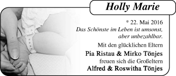 Babyanzeige von Holly Marie  von Nordwest-Zeitung