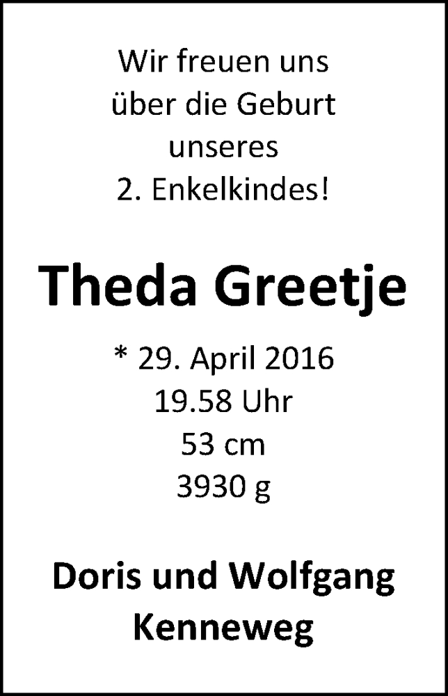 Anzeige für Theda Greetje  vom 03.05.2016 aus Nordwest-Zeitung