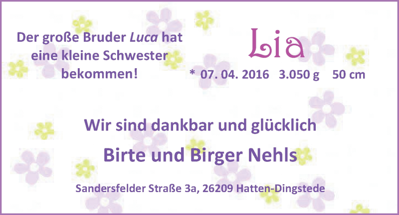 Anzeige für Lia  vom 04.05.2016 aus Nordwest-Zeitung