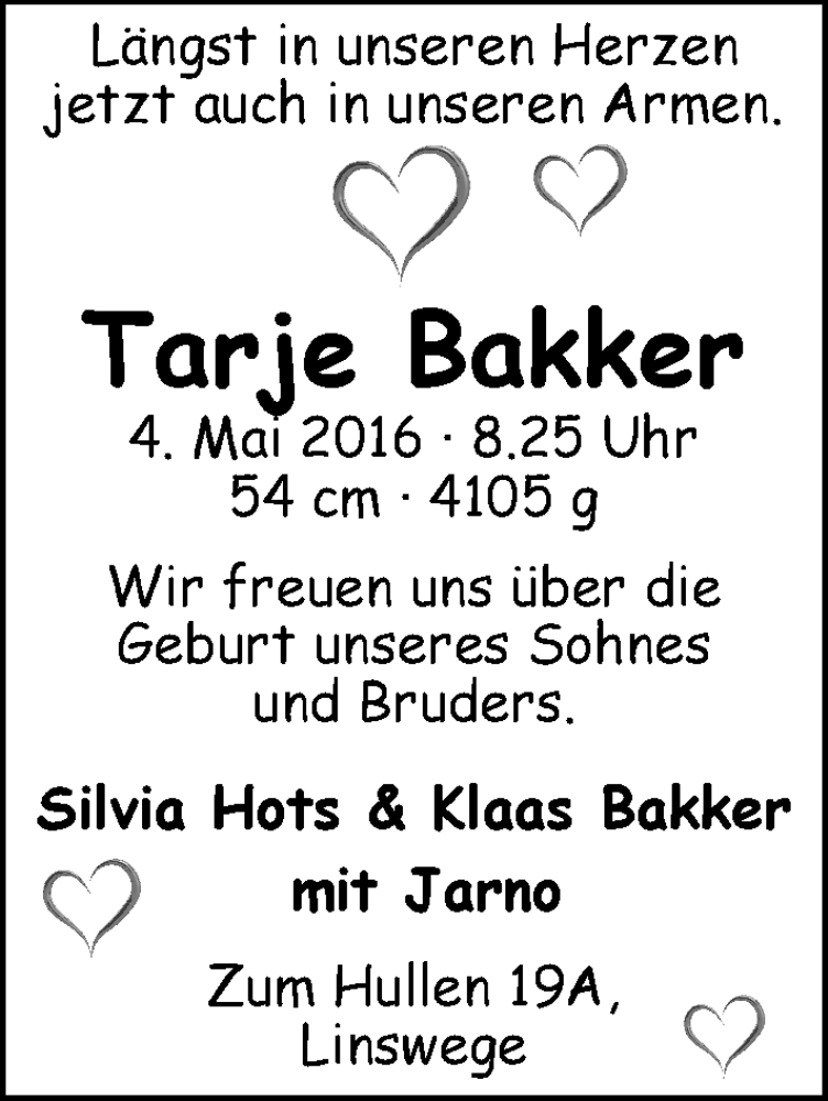 Anzeige für Tarje Bakker vom 28.05.2016 aus Nordwest-Zeitung