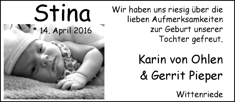 Anzeige für Stina Pieper vom 28.05.2016 aus Nordwest-Zeitung