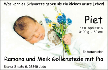 Babyanzeige von Piet Gollenstede von Nordwest-Zeitung