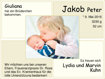 Babyanzeige von Jakob Peter Kuhn von Nordwest-Zeitung