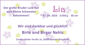 Babyanzeige von Lia  von Nordwest-Zeitung