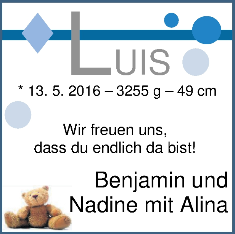 Anzeige für Luis Behnel vom 27.05.2016 aus Nordwest-Zeitung