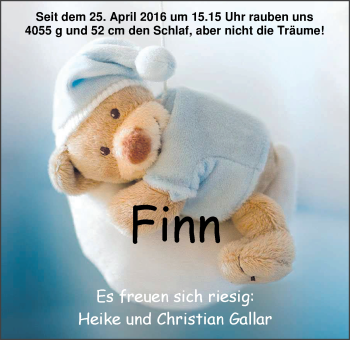 Babyanzeige von Finn Galler von Nordwest-Zeitung