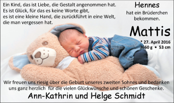 Babyanzeige von Mattis Schmidt von Nordwest-Zeitung