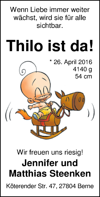 Babyanzeige von Thilo Steenken von Nordwest-Zeitung
