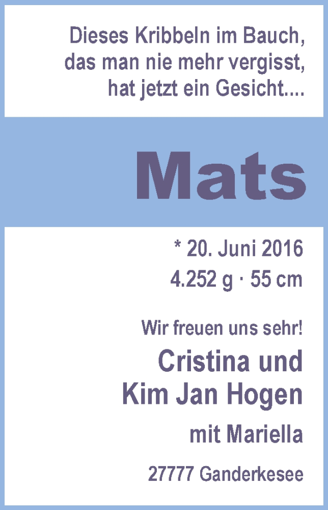 Anzeige für Mats  vom 27.06.2016 aus Nordwest-Zeitung