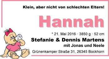 Babyanzeige von Hannah Martens von Nordwest-Zeitung