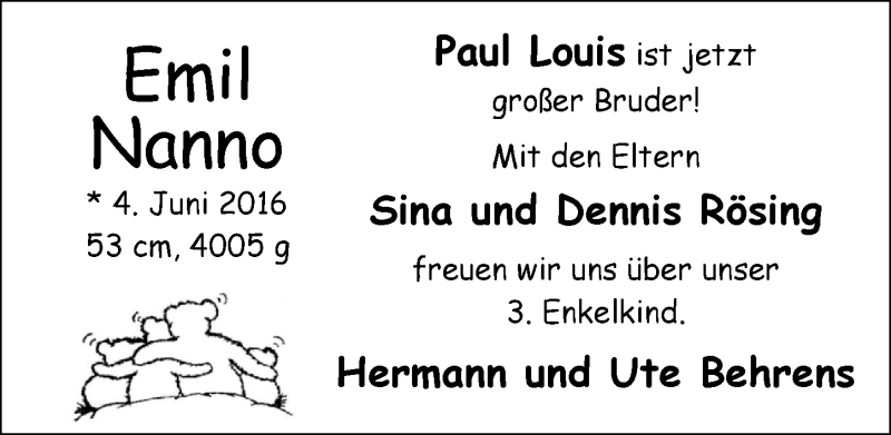 Anzeige für Emil Nanno Rösing vom 09.06.2016 aus Nordwest-Zeitung