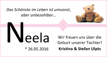 Babyanzeige von Neela Ulpts von Nordwest-Zeitung