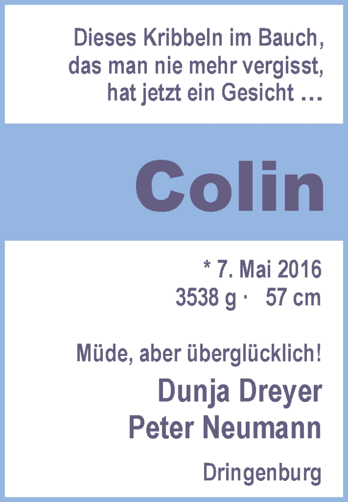 Anzeige für Colin  vom 04.06.2016 aus Nordwest-Zeitung