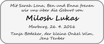 Babyanzeige von Milosh Lukas  von Nordwest-Zeitung