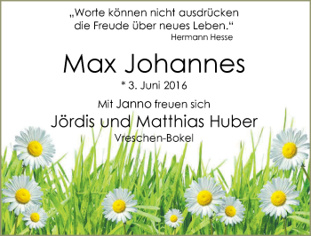 Babyanzeige von Max Johannes Huber von Nordwest-Zeitung
