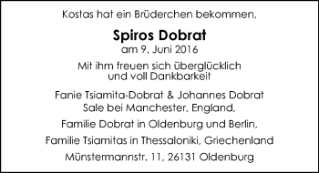 Babyanzeige von Spiros Dobrat von Nordwest-Zeitung