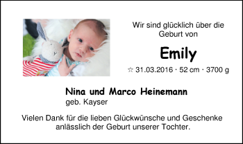 Babyanzeige von Emily  von Nordwest-Zeitung