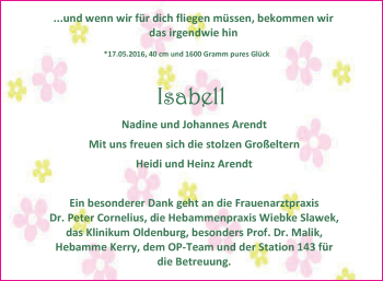 Babyanzeige von Isabell  von Nordwest-Zeitung