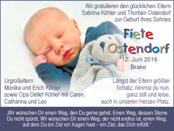 Babyanzeige von Fiete Ostendorf von Nordwest-Zeitung
