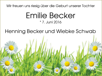 Babyanzeige von Emilie Becker von Nordwest-Zeitung