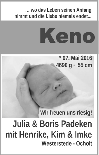 Babyanzeige von Keno  von Nordwest-Zeitung