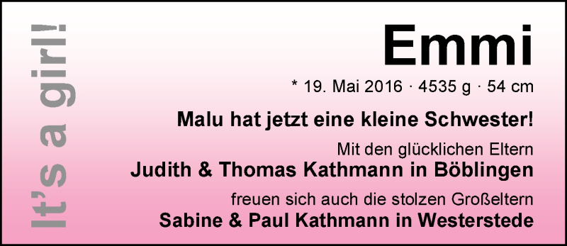 Anzeige für Emmi Kathmann vom 01.06.2016 aus Nordwest-Zeitung