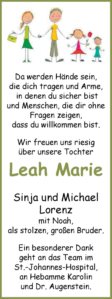 Anzeige für Leah Marie Lorenz vom 04.06.2016 aus Nordwest-Zeitung